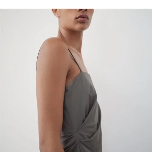ZARA Long Dress Khaki Gray with Tanks ZW COLLECTION WOOL Blend RUCHED Size: S - Picture 3 of 16
